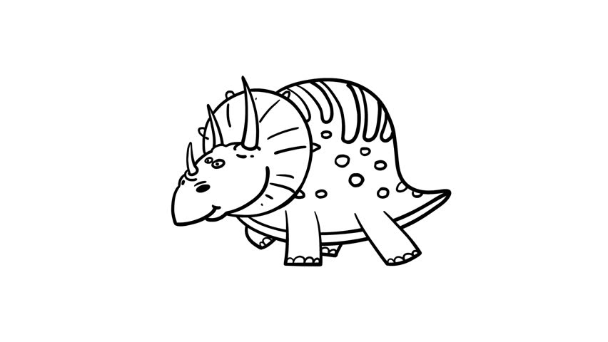 Cartoon dinosaur ceratops walking cycle whiteboard. Cute 2d hand made prehistoric black and white animal character animation good for any use. 
