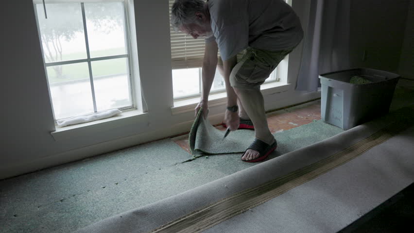 A homeowner picking up soaking wet carpet padding flooded during a hurricane.