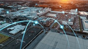 Composited image of drone aerial view of modern industrial area and communication network concept. - Powered by Shutterstock - Get 15% off with code: PIKWIZARD15