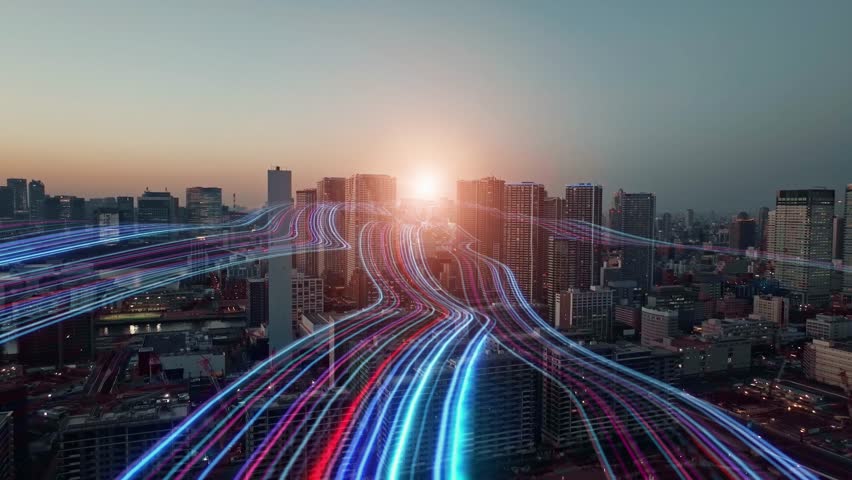 Composited image of drone aerial view of modern city and a path of light leading to the future.