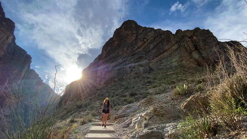Young Woman on Hiking Trail in Big Bend National Park, Texas USA, Arriving on Santa Elena Canyon