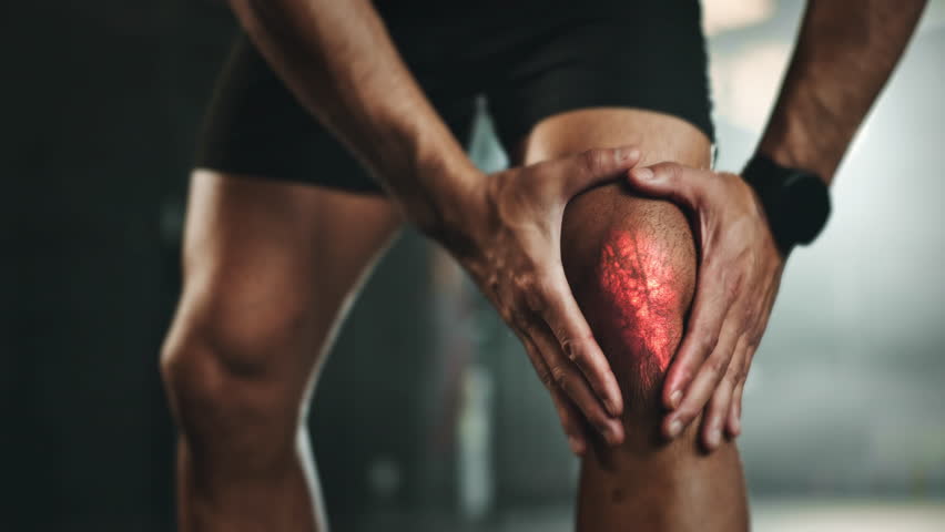 Man, knee and pain in gym for injury, joint inflammation and overllay or fibromyalgia or osteoarthritis. Hand, massage and muscle problem or glow red, fitness and arthritis or athlete in health club