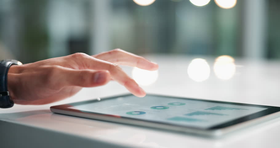 Business person, hand and tablet screen for data, char or planning in office. Businessman, technology and proposal for agreement, project budget and finance with accounting, review or sales goal