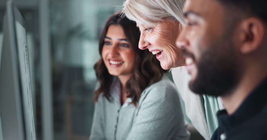 Group, people and discussion on laptop in office for training, coaching and brainstorming ideas of project. Staff, manager and digital to review finance report, teamwork and advice of sales solution