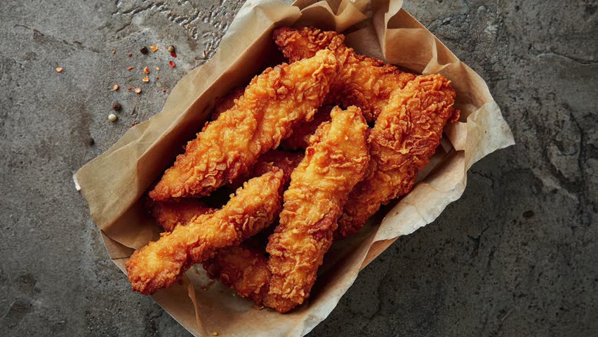 Close-up of crispy, golden chicken tenders served in a parchment-lined basket on a rustic stone background. Perfect for food, dining, and culinary themes.