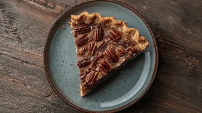 A delicious slice of pecan pie served on a blue ceramic plate, placed on a rustic wooden table. Perfect for Thanksgiving or dessert-related themes. - Powered by Shutterstock - Get 15% off with code: PIKWIZARD15