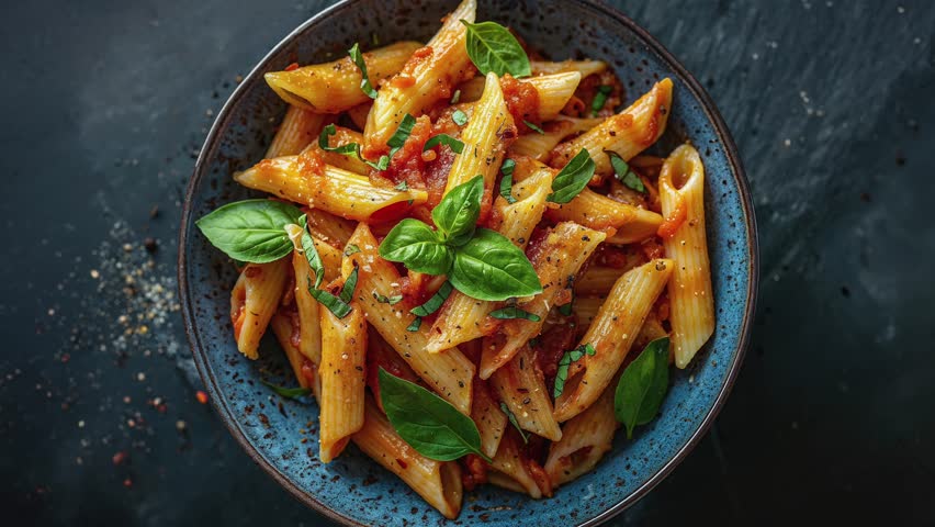 A close-up of a bowl of Italian pasta penne topped with rich tomato sauce and fresh basil leaves, perfect for presenting a stunning and appetizing Italian dish.