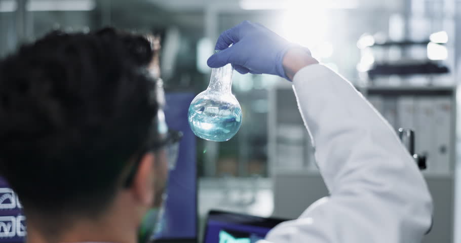 Scientist, container and chemical shake in lab, science and experimental chemistry or experiment. Formulation, cure innovation and medical observation, safety gloves and breakthrough study with man