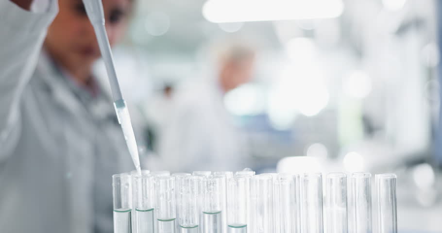 Hands, tube and syringe in lab with scientist, container and experiment with liquid, test and assessment. Person, vial and chemical for medicine, drugs or vaccine development at pharma company