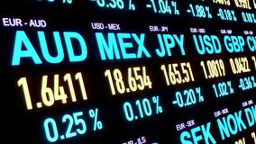 Close up currency trading board. Euro, US dollar, Mexican pesos, Chinese renminbi, British pound, Saudi-Riyal ecxchange rates. Business, financial markets, currency trading, price information.  - Powered by Shutterstock - Get 15% off with code: PIKWIZARD15