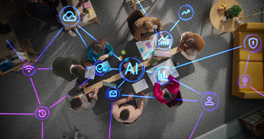 Diverse Team Collaborating with AI Tools in a Modern Office Meeting Room. Top Down View Highlighting Dynamic Interaction and Advanced Technology Integration with Holographic Interfaces