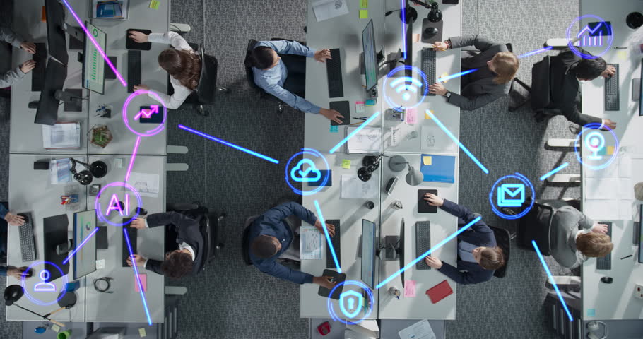 Online Services Visualization in a Diverse Modern Office Environment. Top Down View on a Futuristic Animation with Different Technology Icons: Cloud Computing, Storage, Data Protection, Wi-Fi Internet