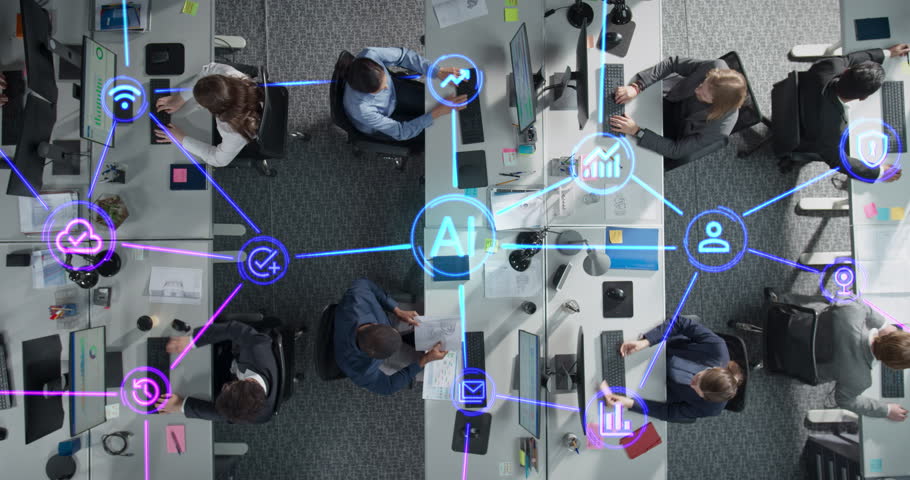 Artificial Intelligence and Machine Learning Tools Visualization Inside a Business Office. Professional Team of Managers Using Online Software for Commercial Daily Operations and Communication