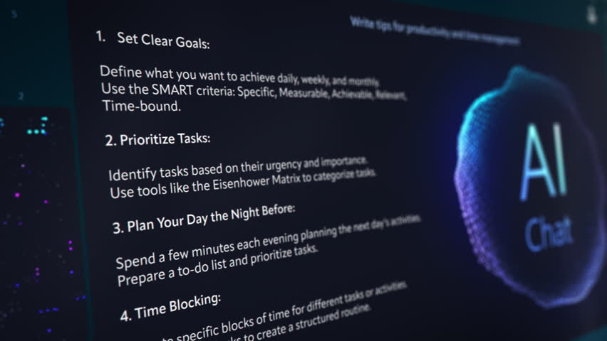 Large Language Model Software Generating Productivity Tips, Emphasizing Goal Setting, Task Prioritization, Consistency and Gradual Progress. Interface with Sleek Design and an AI Chat Logo