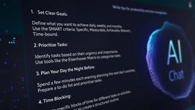 Large Language Model Software Generating Productivity Tips, Emphasizing Goal Setting, Task Prioritization, Consistency and Gradual Progress. Interface with Sleek Design and an AI Chat Logo - Powered by Shutterstock - Get 15% off with code: PIKWIZARD15