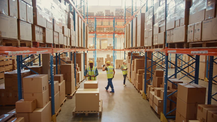 Robotic Vision Concept in a Warehouse: Workers Managing Inventory at Logistics Center. Holographic Data Overlays on Boxes and Providing Insights, AI Optimizing Productivity in a High Tech Environment