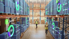 Robotic Vision Concept in a Warehouse: Workers Managing Inventory at Logistics Center. Holographic Data Overlays on Boxes and Providing Insights, AI Optimizing Productivity in a High Tech Environment - Powered by Shutterstock - Get 15% off with code: PIKWIZARD15