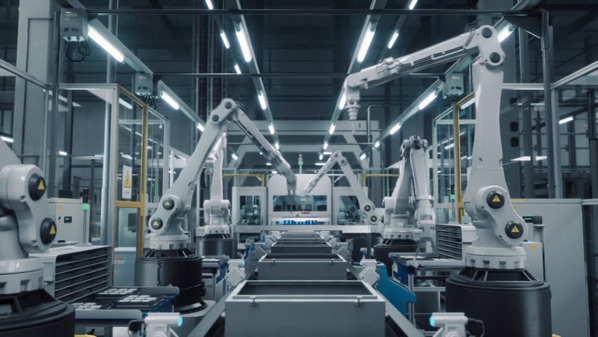 Advanced White Robotic Arms in an Autonomous Factory Assembling Electronic Components on a Modern Production Line. Engineering and Technology in a Manufacturing Facility. Establishing Footage