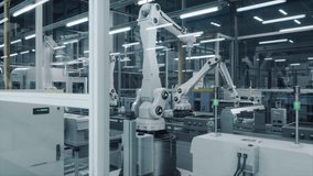 Tech Factory with White Robotic Arms Assembling Electronic Components on a Production Line Conveyor Belt. Automation and AI Support in a Modern Manufacturing Process. Smooth 3D Animation Dolly Shot - Powered by Shutterstock - Get 15% off with code: PIKWIZARD15