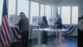 Diverse voters, US people vote in voting booths at polling station. Adult Caucasian man puts ballot paper in box. National Election Day in United States of America. Civic duty and patriotism concept. - Powered by Shutterstock - Get 15% off with code: PIKWIZARD15
