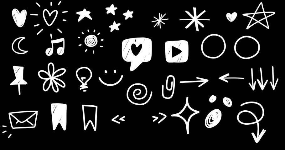 Doodle Marker Elements Pack. Animated Hand Drawn Lines and Scribbles Elements, Highlighters, Stars, Hearts, Arrows, sparkles, smiles, sun and moon. White design elements isolated on black background.