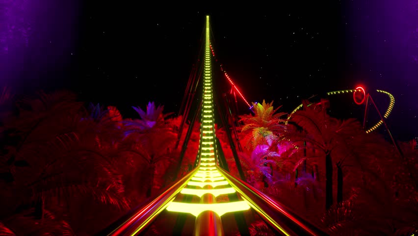 A neon-lit, first-person roller coaster ride. 3D animation.