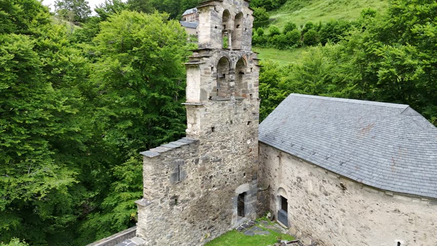 Aerial view of the Templar chapel at Aragnouet in the Pyrenees, France