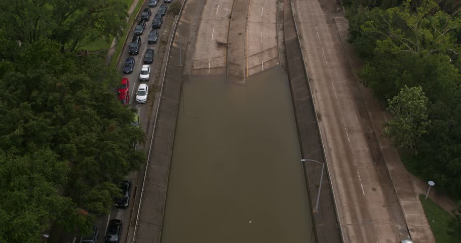 Drone view of under bridge flooding on Allen Parkway in Houston, Texas