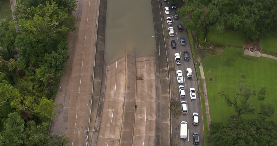 Drone view of under bridge flooding on Allen Parkway in Houston, Texas