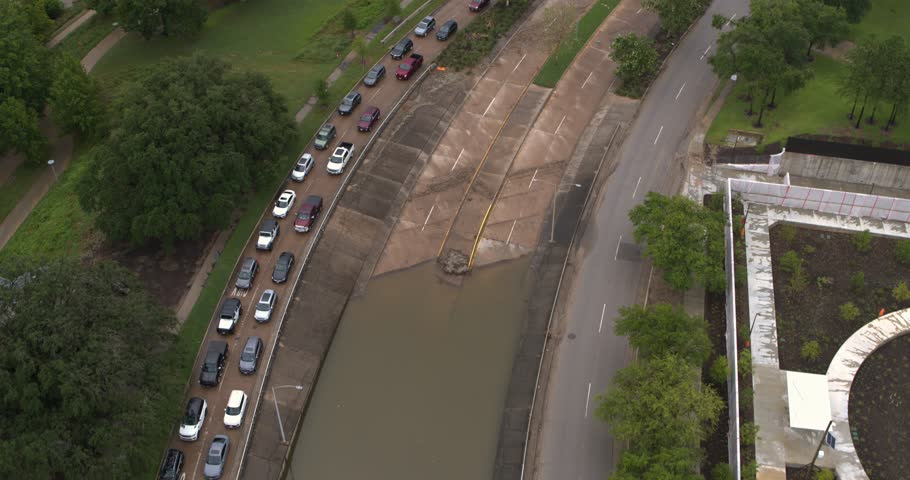 Drone view of under bridge flooding on Allen Parkway in Houston, Texas
