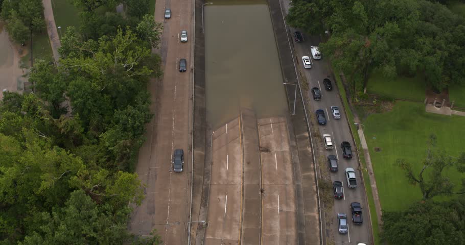 Drone view of under bridge flooding on Allen Parkway in Houston, Texas