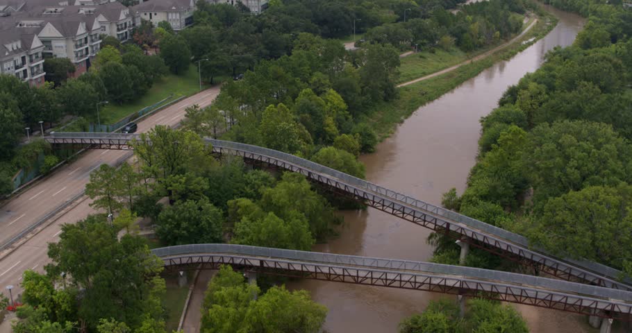 Drone view of the Buffalo Bayou in Houston, Texas