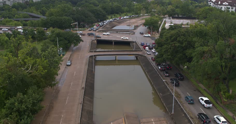 Drone view of under bridge flooding on Allen Parkway in Houston, Texas