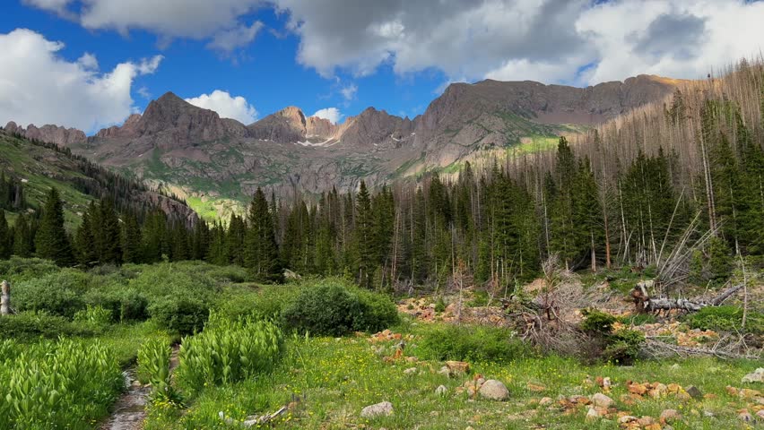 Campsite backpacking Chicago Basin Colorado Silverton camping San Juan Range Needle Creek Trail Rocky Mountains Mount Eulos summer fourteener Sunlight Windom Peak Silverton July blue sky pan left