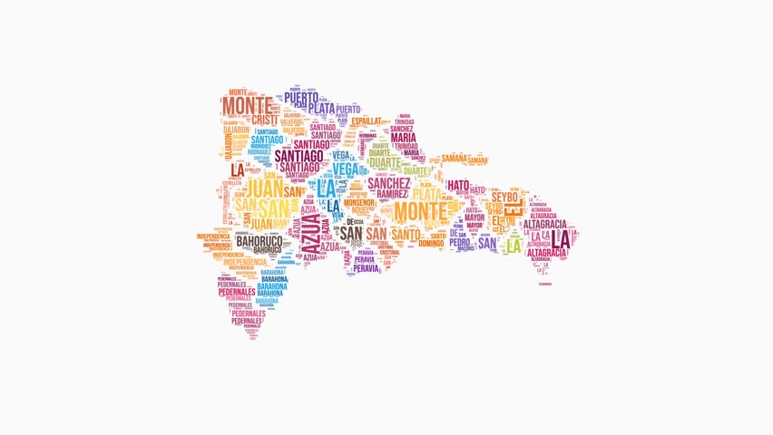 Dominican Republic regions word cloud animation. Country logo animated video. Dominican Republic colored text cloud. Regions typography style motion graphics. Stylish video.