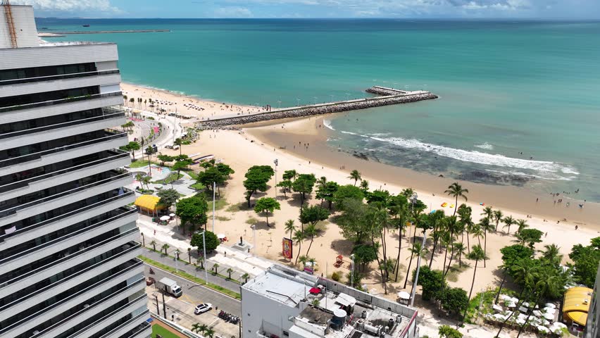 Beach Scene At Fortaleza Ceara Brazil. Stunning Tropical Coastline Beach Scene Viewed From Above. Coast Horizon Seaside Summertime. Outside Seaside Tropical Environment. Fortaleza Ceara.