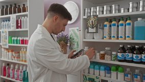 A young hispanic man in a pharmacy store uses his mobile phone while arranging products on shelves surrounded by various toiletries and medicines. - Powered by Shutterstock - Get 15% off with code: PIKWIZARD15