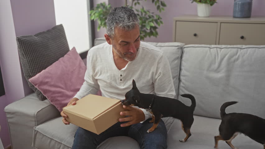 Middle-aged man opening a box with two chihuahua dogs in a cozy living room setting.