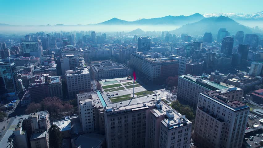 La Moneda Government Office At Santiago Metropolitan Region Chile. Stunning Public Adminstration Offices Viewed From Above. Town Clouds Sky Backgrounds Urban. Town Outdoor Downtown Panoramic City.