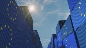 EU export production and import cargo containers in row seamless and loopable business concept. European Union flag industrial shipping box 3d loop. - Powered by Shutterstock - Get 15% off with code: PIKWIZARD15