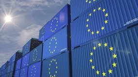 EU export production and import cargo containers in row seamless and looping concept. European Union flag industrial shipping box 3d loop. - Powered by Shutterstock - Get 15% off with code: PIKWIZARD15
