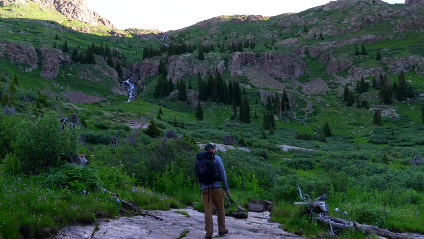 Hiking morning Chicago Basin Colorado Silverton backpacking camping San Juan Range Needle Creek Trail Rocky Mountains Mount Eulos summer fourteener Sunlight Windom Peak Silverton July blue sky follow