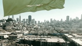 Saudi Arabia Pole flag Against City Blurred Background 3D Rendering - Powered by Shutterstock - Get 15% off with code: PIKWIZARD15