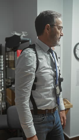 Mature detective with badge in office setting, evoking themes of law, authority, and investigation.