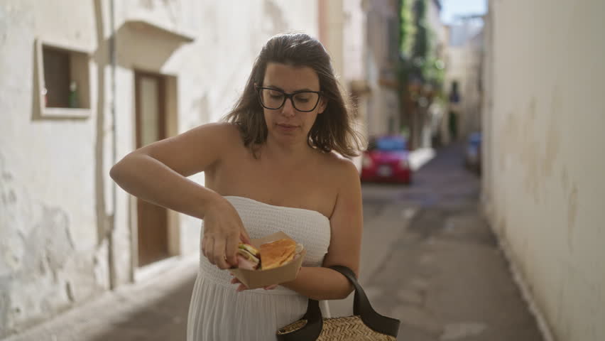 A young hispanic woman eating a puccia sandwich in the streets of gallipoli, puglia, italy on a bright day.