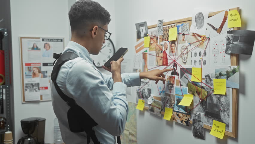 A focused man analyzing a crime investigation board with evidence photos and notes in an office setting.