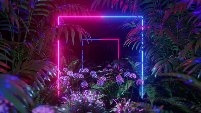 Glowing Neon Circles In The Forest 3D Rendering