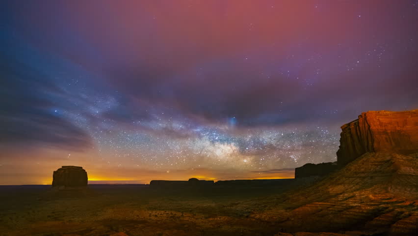 Time lapse of milky way and sunrise over Monument Valley, Arizona, USA
