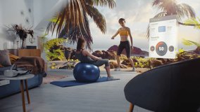 Athletic woman exercises with fitball. VR screen with displayed virtual trainer and interface of AR fitness app with workout plan. Metaverse futuristic home gym with AI technologies. VFX animation. - Powered by Shutterstock - Get 15% off with code: PIKWIZARD15