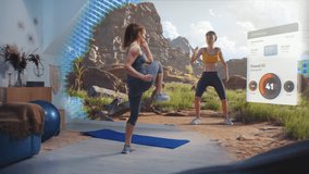Sportswoman starts exercising. VR screen shows virtual trainer and interface of AR fitness app with workout plan. Online training. Metaverse futuristic home gym with AI technologies. VFX animation. - Powered by Shutterstock - Get 15% off with code: PIKWIZARD15